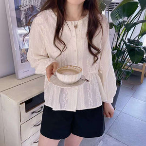 Áo sơ mi dài tay cổ tròn thêu hoa lá eo thắt nơ - NU8231