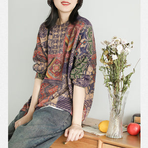 Áo len cashmere dài tay cổ tròn hoa văn thổ cẩm - NU8132