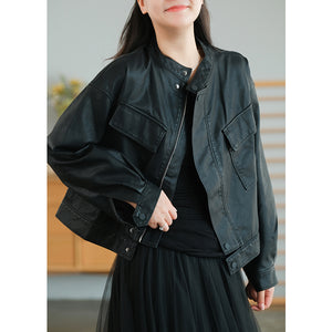Áo khoác da croptop cổ đứng hai túi vuông - NU7752