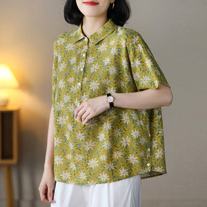 Áo sơ mi linen ngắn tay cổ đức in hoa lá bốn khuy - NU7537