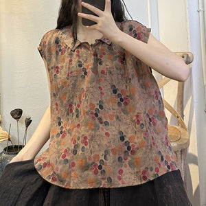 Áo sơ mi linen sát nách cổ pipi in hoa văn retro - NU8624