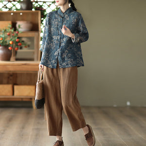 Áo sơ mi linen dài tay cổ đứng xếp ly in những chiếc lá - NU8290
