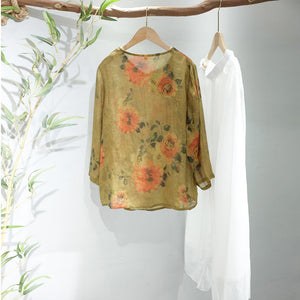 Áo sơ mi linen tay lửng cổ tròn vạt xéo khuy tròn in hoa văn - NU7269