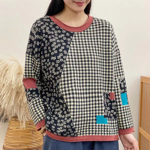 Áo len dài tay cổ tròn caro in hoa lá - NU8074