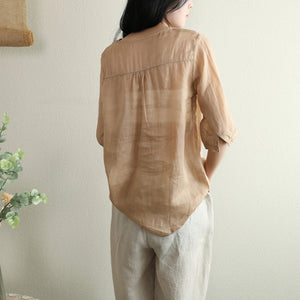 Áo sơ mi linen ngắn tay cổ V thêu hoa lá đồng màu - NU7273
