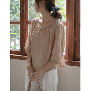 Áo sơ mi linen ngắn tay cổ vuông khuy cài sau - NU8543