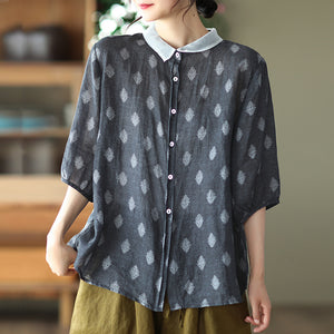 Áo sơ mi linen ngắn tay cổ pipi in hoa văn cân đối - NU6985