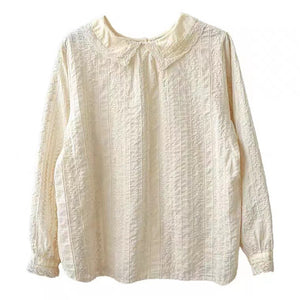 Áo sơ mi linen dài tay cổ tròn đính bèo thêu hoa lá hai chiều - NU6684