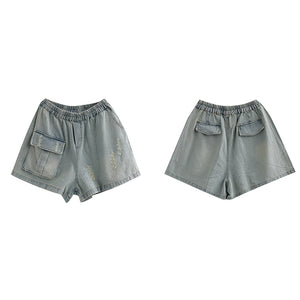 Quần sooc denim lưng thun một túi vuông kiểu sờn - NU7109