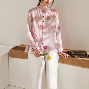 Áo sơ mi linen dài tay cổ đứng in màu nước - NU6735