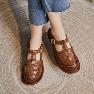 Giày da retro đế cao quai khóa gài kiểu đan caro - OD0685