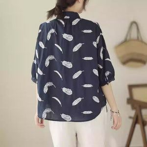 Áo sơ mi linen tay lửng cổ đức thêu retro in lông vũ - NU8568