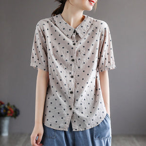 Áo sơ mi linen ngắn tay cổ pipi chấm bi - NU6861