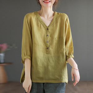 Áo sơ mi linen ngắn tay cổ V túi lớn bốn khuy - NU7410