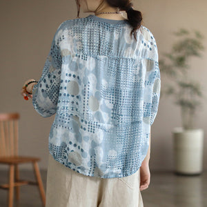 Áo T-shirt linen ngắn tay cổ tròn bo thun in hoa văn - NU7302