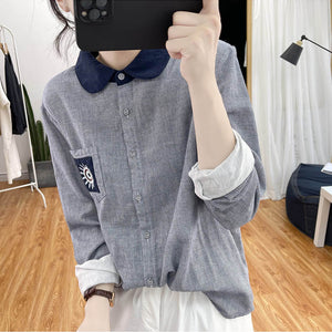Áo sơ mi dài tay cổ pipi một túi thêu mặt trời - NU7606