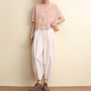 Áo sơ mi linen ngắn tay cổ đứng hai túi vuông  - NU7418
