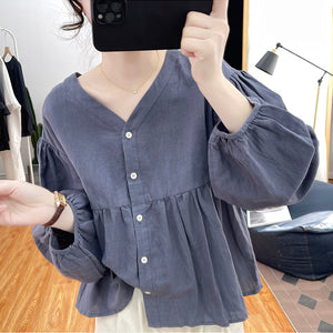 Áo sơ mi linen dài tay cổ V kiểu bo tay - NU8458