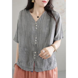Áo sơ mi linen ngắn tay cổ V hai túi vuông vạt ngang - NU7422