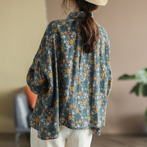 Áo sơ mi linen dài tay cổ pipi xếp ly in hoa liti  - NU6719