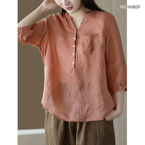 Áo sơ mi linen ngắn tay cổ V một túi vuông - NU8626