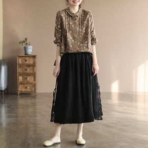 Áo sơ mi linen dài tay cổ đức xếp ly in hoa lá - NU8106