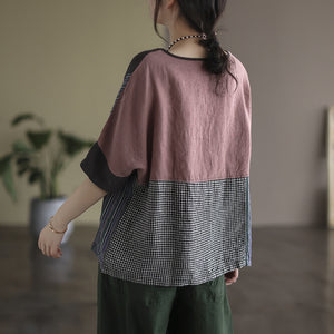 Áo T-shirt linen ngắn tay cổ tròn chắp vá mảng màu caro - NU7274