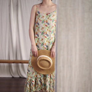 Đầm liền linen hai dây in hoa lá tùng xòe - NU7126