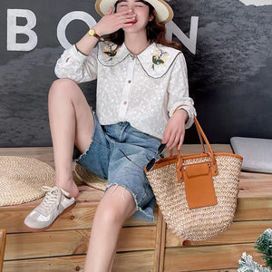 Áo sơ mi linen Morigirl dài tay cổ áo thêu đối xứng - NU8322