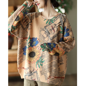 Áo T-shirt len dài tay cổ tròn in hoa hướng dương - NU7875