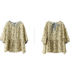 Áo T-shirt linen ngắn tay cổ tròn thắt nơ sau in hoa lá - NU7406