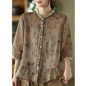 Áo sơ mi linen ngắn tay cổ pipi in hoa lá tà kiểu xòe - NU7557