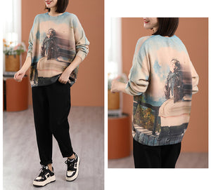 Áo len cashmere dài tay cổ tròn in cô gái - NU7777