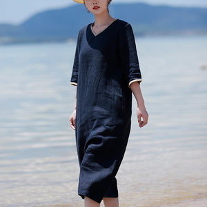 Đầm liền linen tay lửng cổ V bo viền một màu - NU8268