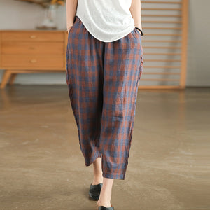 Quần baggy linen kẻ caro lưng thun hai túi chéo - NU7063