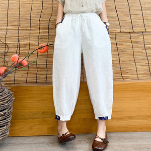 Quần baggy linen lưng thun dây rút ống túm phối vải màu - NU7154