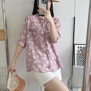 Áo sơ mi linen ngắn tay hai túi vuông in những chú chim - NU7433