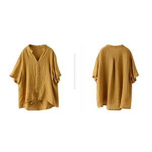 Áo sơ mi linen ngắn tay cổ đứng dây rút vạt áo - NU7016