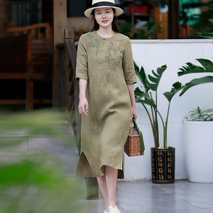 Đầm liền linen ngắn tay cổ tròn một khuy thêu hoa lá - NU8506