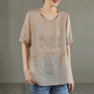 Áo sơ mi linen ngắn tay cổ tròn thêu bông tuyết khuy cài sau - NU7473