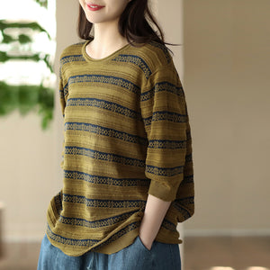 Áo T-shirt ngắn tay dệt kim kẻ sọc hoa văn retro - NU8490