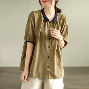 Áo sơ mi linen ngắn tay xếp li cổ pipi - NU7242