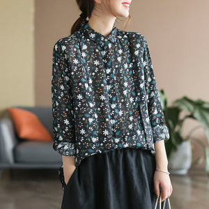 Áo sơ mi linen dài tay cổ pipi xếp ly in hoa nhí - NU6693