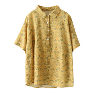 Áo sơ mi linen ngắn tay cổ đức in những chú cú ngộ nghĩnh - NU7066
