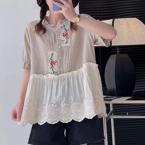 Áo sơ mi linen Morigirl ngắn tay cổ tròn xếp ly kiểu hai tầng - NU8323