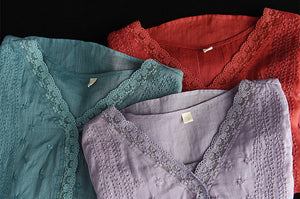 Áo sơ mi linen ngắn tay cổ V thêu ren và dây leo - NU7050