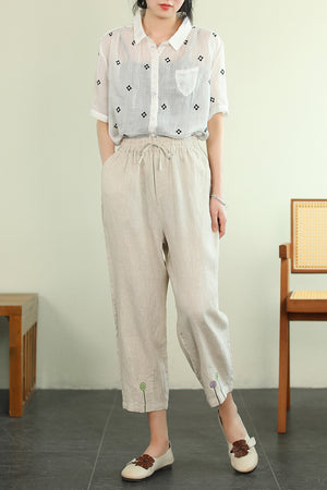 Quần baggy linen lưng thun dây rút thêu kẹo ngọt - NU7288