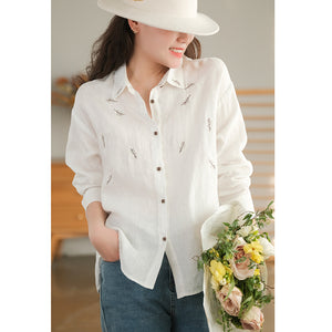 Áo sơ mi linen dài tay cổ đức thêu những chiếc lá - NU7483