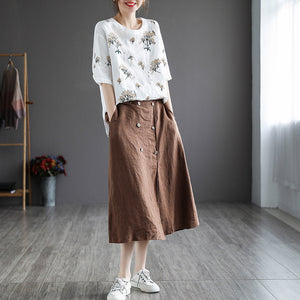 Áo sơ mi linen tay lửng cổ tròn thêu hoa vạt bo tròn - NU8411