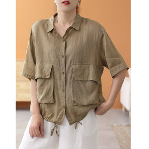 Áo sơ mi linen ngắn tay cổ đức hai túi vương có dây rút - NU7491